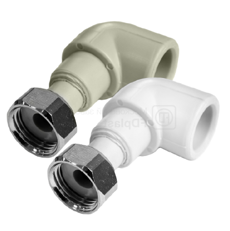 картинка Полипропиленовый угольник 90˚ с накидной гайкой FDplast PN25 20х1/2'' мм серый от завода FDPLAST 
