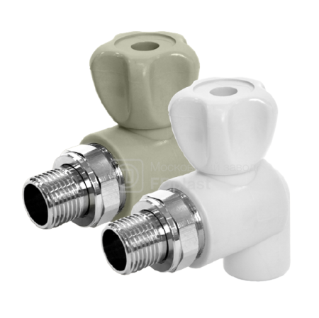 картинка Угловой полипропиленовый шаровой кран для радиатора FDplast PN25 20х1/2'' мм серый от завода FDPLAST 